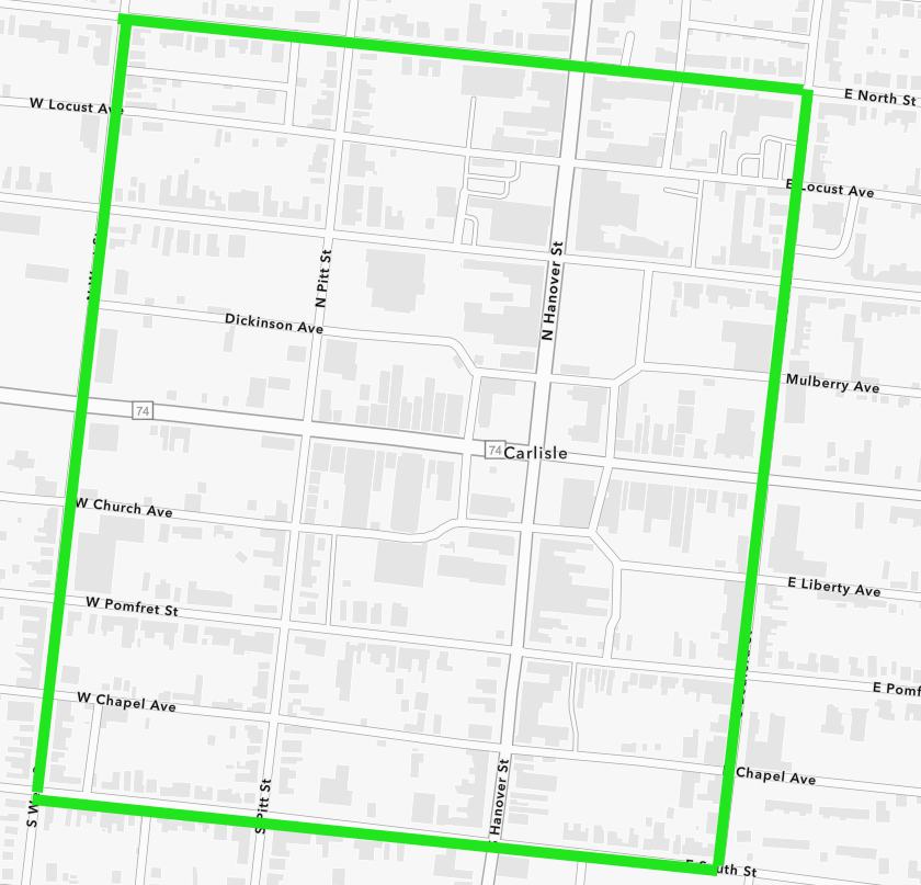 map highlighting boundaries of downtown Carlisle